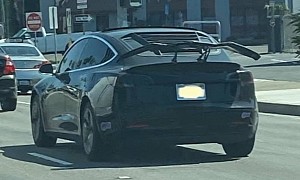Confused Tesla Model 3 Thinks It's a Lambo with Huge Wing and Louvered Window