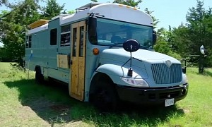 Converted School Bus Is Now a Motorhome With a Large Kitchen and a Rooftop Deck