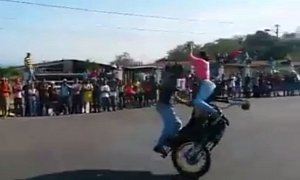 Cool Bike Stunt without a Front Wheel but with a Lady on the Front Fender – Video