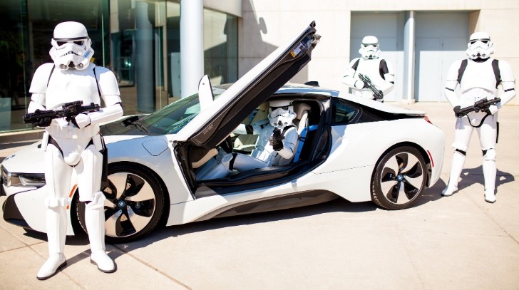 bmw i8 guarded by stormtroopers