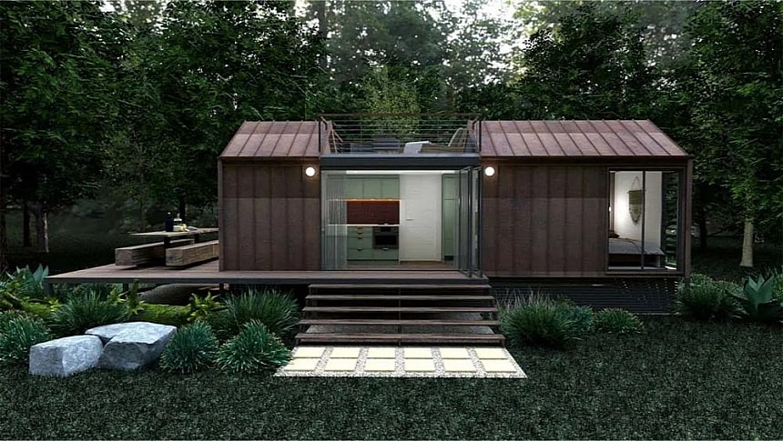 The Courtney 9500 tiny house boasts a big rooftop terrace and an exterior laundry
