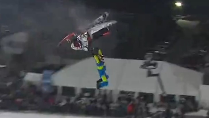 Crashing Snowmobile Misses Daniel Bodin by Inches