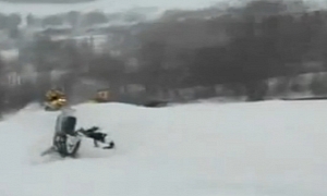 Crazy Double Snowmobile Crash for One Very Stupid Rider