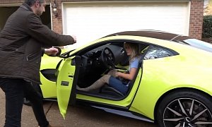 Cute Blonde Reacts to Ride in New Aston Martin Vantage