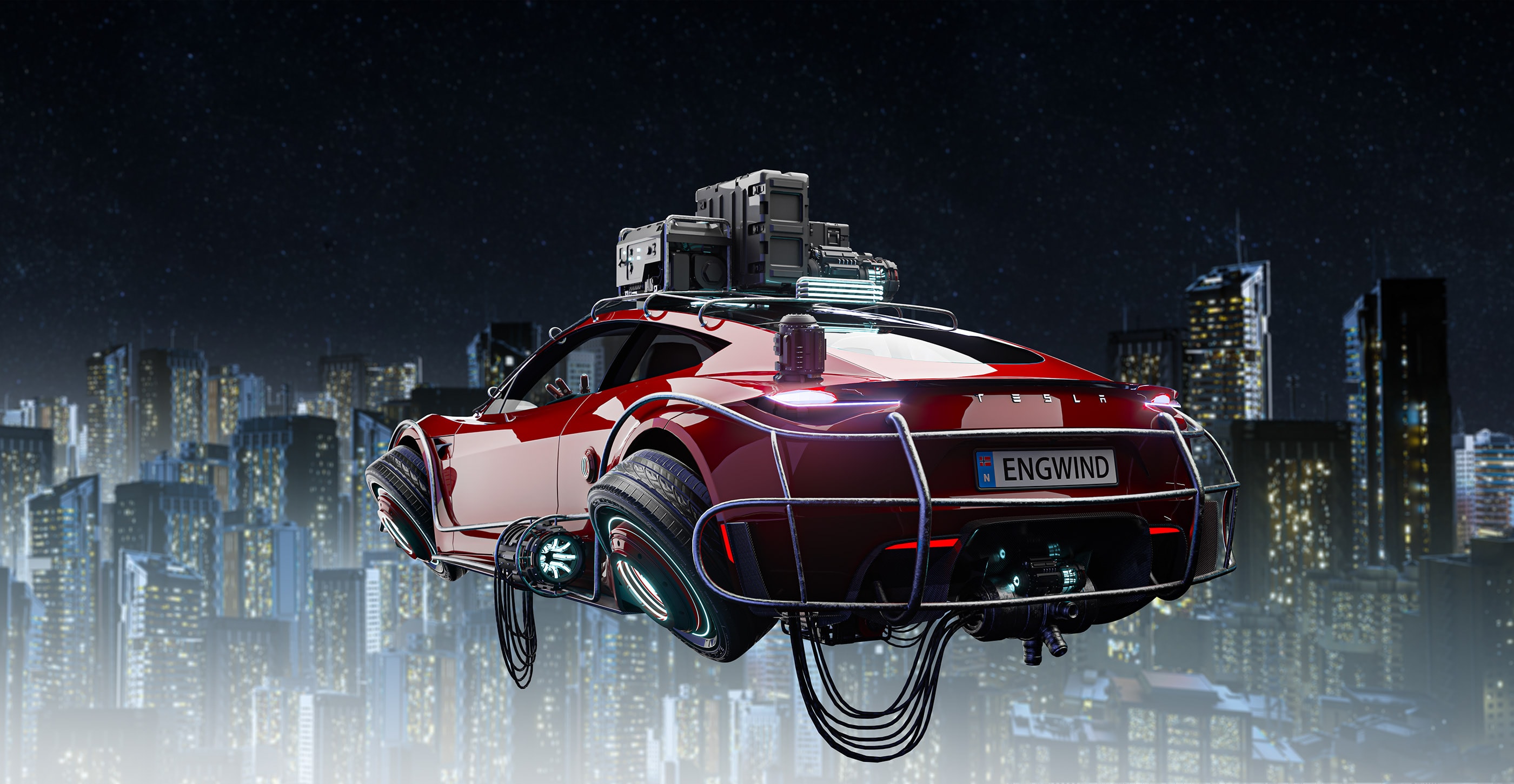 cyberpunk tesla roadster rendering keeps its wheels despite being able to fly