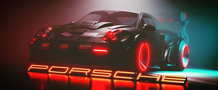 Cyberpunk 2077 Porsche 911 992 GT3 slammed widebody neon rendering by wizart_concepts 