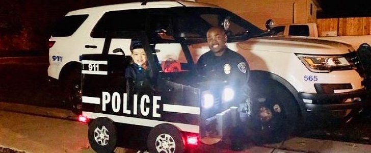 Haley and her mini police car, with a real Thornton Police cruiser