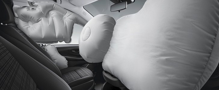 Deployed airbags in Mercedes-Benz for demonstration purposes