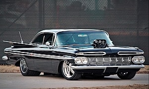 Dark 1959 Chevy Impala Has Engine Parts Sticking Out, $350K Builds Do That