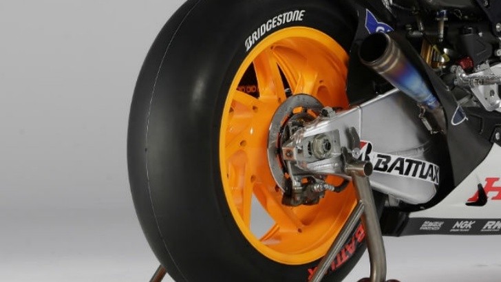 Rear tire of a Repsol Honda MotoGP bike