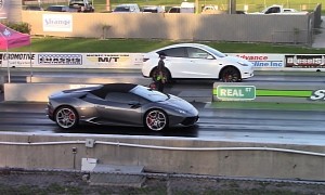 Delicious-Sounding Lambo Huracan Drags Tesla and Charger, Spyder Wins the Day