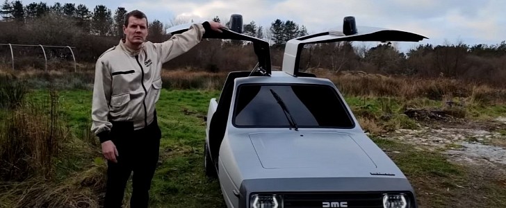 Tyler DeLorean with his three-wheel DeLorean, which he calls the DMC-21