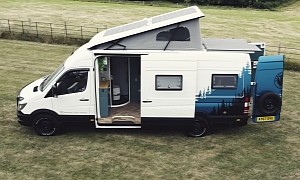 Deluxe Sprinter Camper Van Breaks the Norm With Staircase Leading to a Cozy Pop-Top Roof
