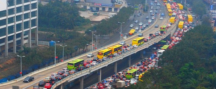 Traffic jam at 17:30, downtown Haikou City, China