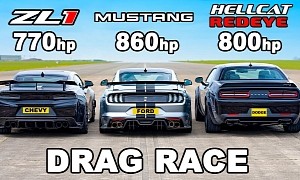 Detroit at Its Drag-Racing Finest: 850-HP Mustang v 770-HP Camaro v 800-HP Challenger