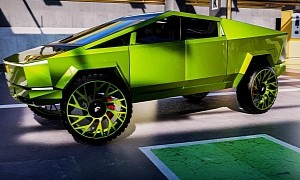 Digitally Wrapped Neon Green Tesla Cybertruck Sits Fashionably on Matching 30s