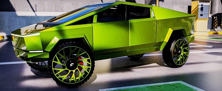 Tesla Cybertruck neon green on Forgiato 30s rendering by 412donklife