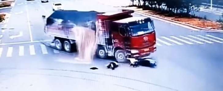 Scooter rider is hit by 2 trucks, survives without injury