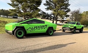 Doctor Orders a Tesla Cybertruck and Wraps It in Neon Green To Match His Ram 1500 TRX