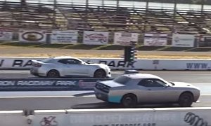 Dodge Challenger Hellcat Drag Races Chevrolet Camaro ZL1, Fight Gets Brutal