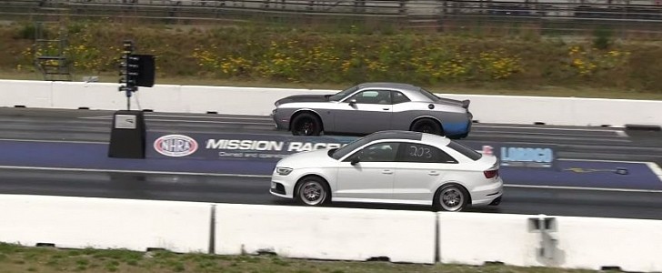 Dodge Challenger Hellcat Drag Races Audi RS3