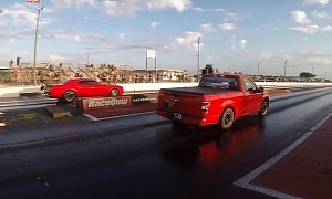 Dodge Challenger Hellcat Takes On Ford F-150 Race Truck, Blows the Diff