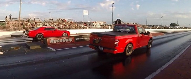 Dodge Challenger Hellcat Takes On Ford F-150 Race Truck