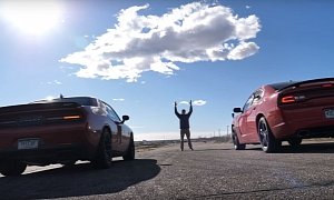 Dodge Challenger Hellcat vs. Supercharged AWD Charger Drag Race Is a Near Crash