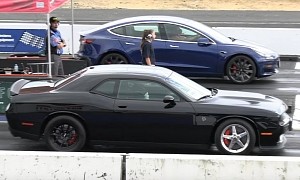 Dodge Challenger Hellcat vs. Tesla Model 3 Drag Race Proves V8 Is Still King