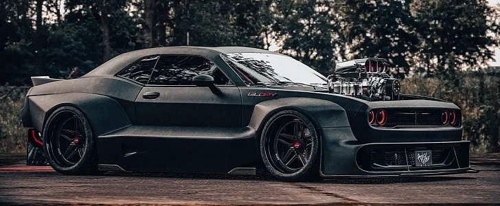 Blown Dodge Challenger widebody render inspired by Arrma Felony RC car 