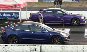 Dodge Charger Hellcat and Tesla Model 3 Drag Race Turns Up the ICE vs. EV Wick