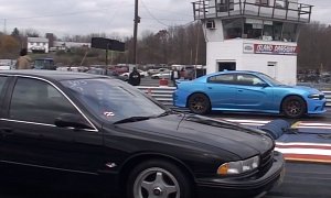 Dodge Charger Hellcat Drag Races 1995 Chevy Impala SS, America Wins