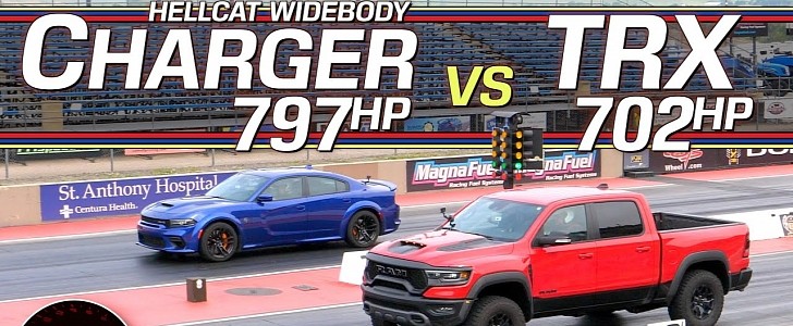 Dodge Charger Hellcat Redeye Drag Races RAm TRX, Mammoth Gap Is Big