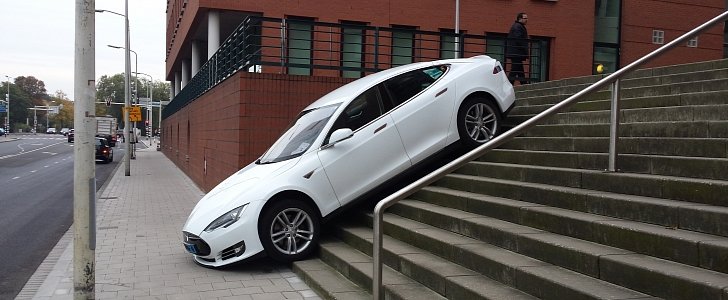 Tesla Model S stuck on stairs