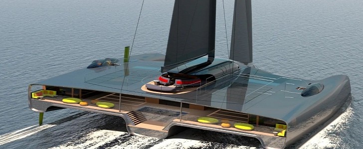 Domus is a fresh sailing trimaran concept powered by solar power and hydrogen fuel cells