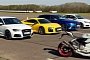 Drag Race: Audi R8 vs. RS6 vs. RS3 vs. S1 vs. RS2... and a Ducati Bike
