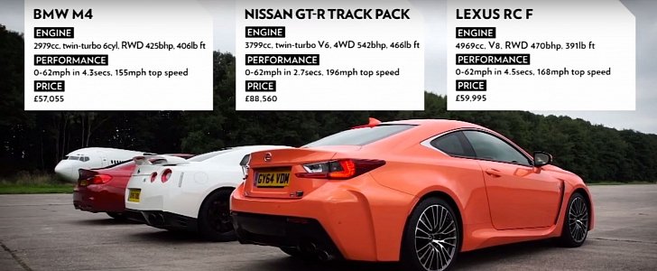 Drag Race Between BMW M4, Nissan GT-R and Lexus RC-F Is Not Close