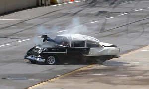 Drag Racer Partially Ejected from 1955 Chevy, Walks Away