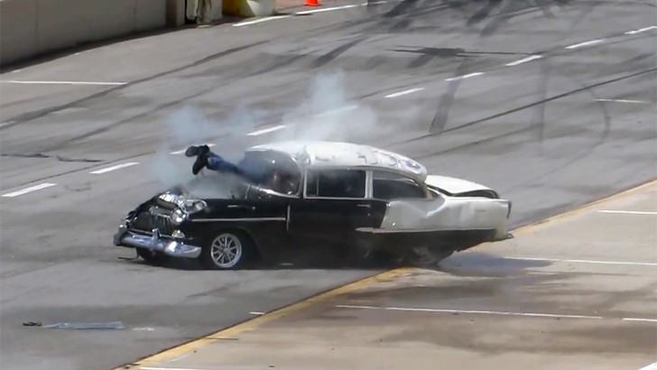 Drag Racer Partially Ejected from 1955 Chevy, Walks Away 