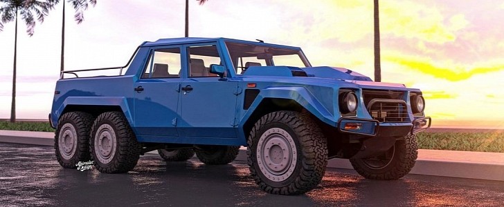 Dreamy 6x6 Lamborghini LM002 visits Miami's Ocean Drive in rendering by abimelecdesign