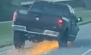 Driven Like It's Stolen: Watch Dodge Ram Truck Plow Through Busy Highway on Three Wheels