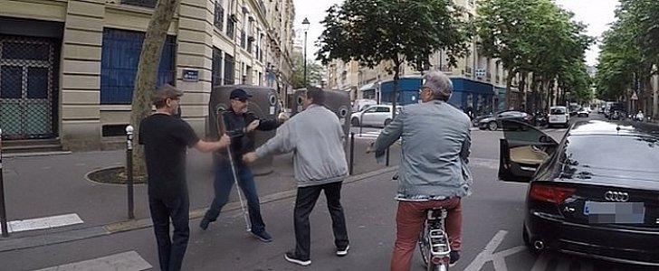 Audi A7 driver slaps blind pedestrian's carer in Paris, France