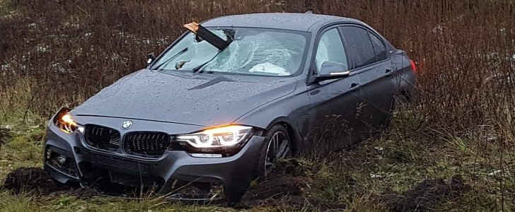 Man's BMW 3 Series impaled by wooden fence post after crash