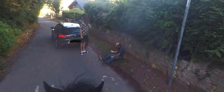 Driver hits horse and rider on narrow country road in the UK
