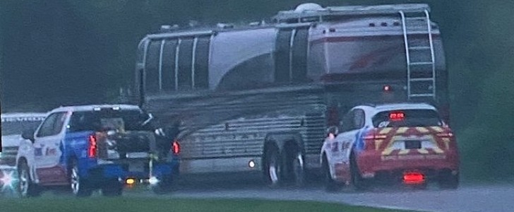 Prevost Marathon RV wanders onto the track at Lime Rock Park but does not make it very far