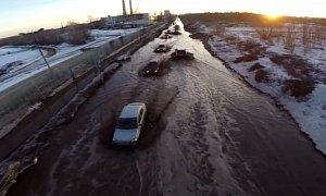 Drone Films Russian Road Turned River During Spring Flooding