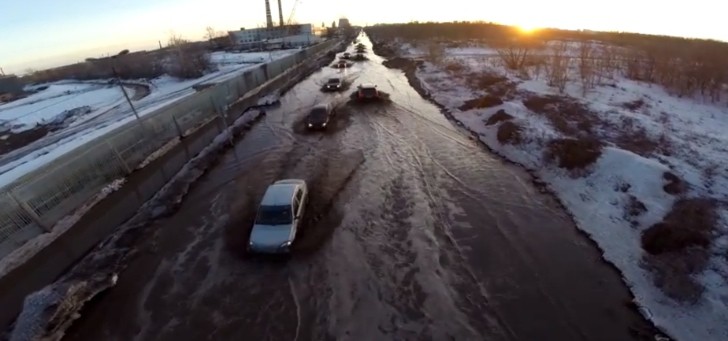 Drone Films Russian Road Turned River During Spring Flooding