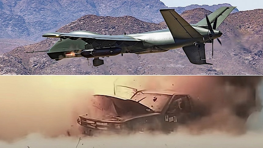 Mojave Unmanned Aircraft System firing at pickup truck
