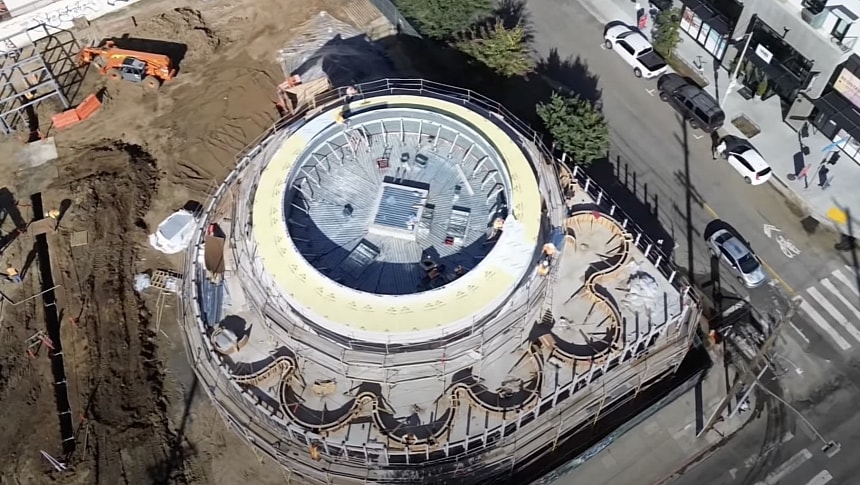 Aerial footage shows the construction stage of the future Tesla Supercharger