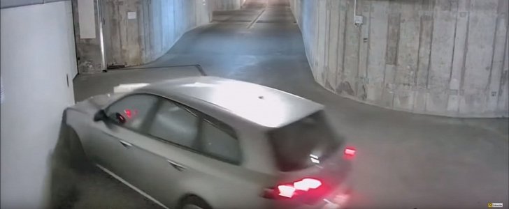Drunk driver exiting parking garage